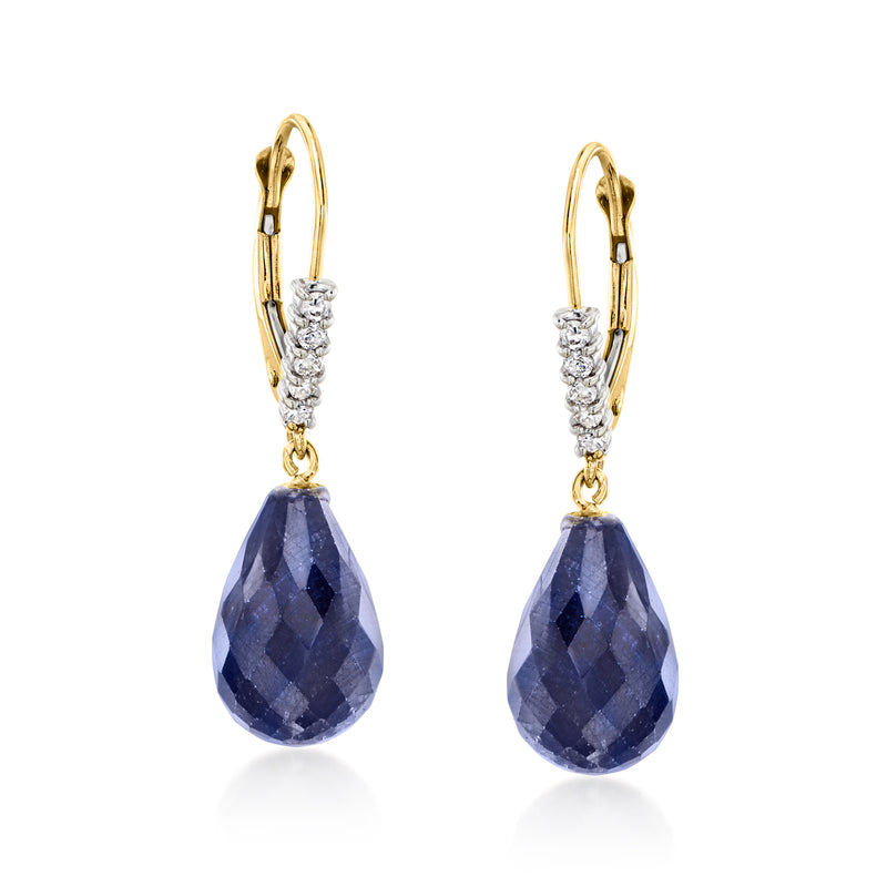 14kt yellow gold leverback drop earrings with blue faceted sapphire and diamond accents