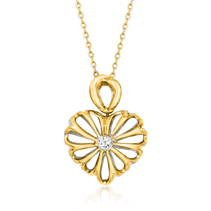 Two-tone heart-topped flower pendant necklace with round diamond center