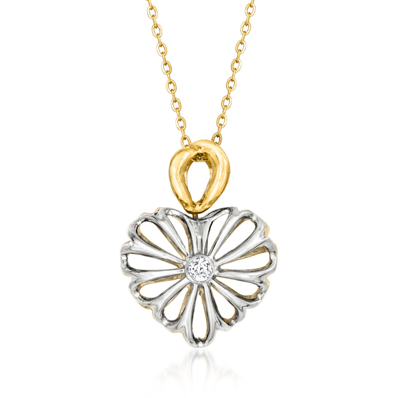 Two-tone flower pendant necklace with gold heart bail, silver petals, round diamond