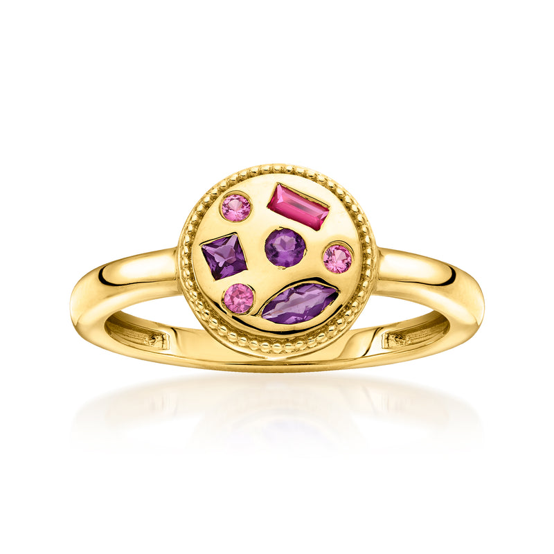 Gold vermeil ring with oval halo of purple multi-gemstones, cushion top setting