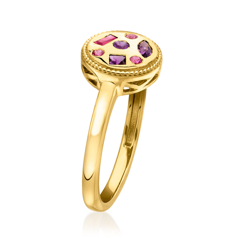 Gold vermeil ring featuring purple multi-gemstone oval top with halo border