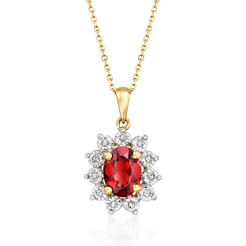 14kt yellow gold pendant necklace with oval red garnet and diamond halo