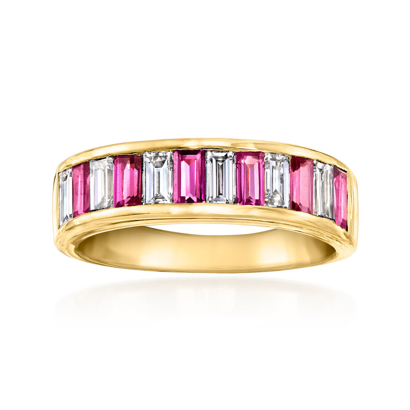 18kt gold over sterling ring with pink rhodolite and clear lab-grown diamonds, top view