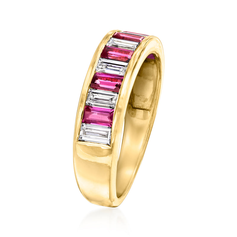 18kt gold ring with pink baguette rhodolite and clear baguette diamonds in channel setting
