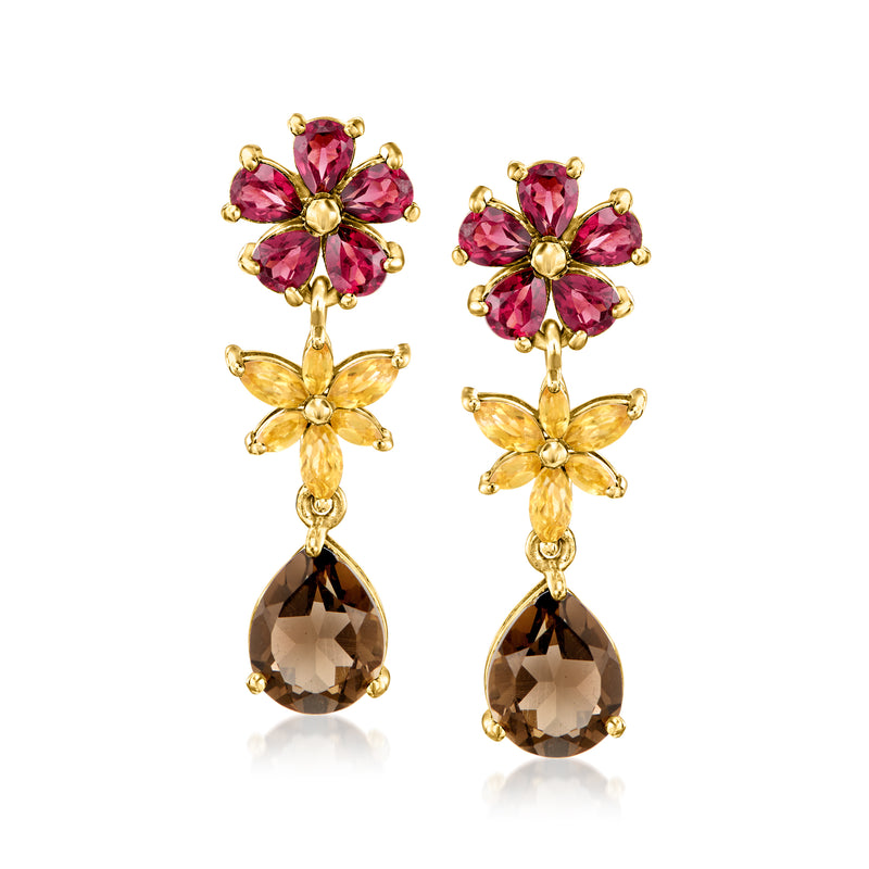 Gold-tone flower drop earrings with pink marquise stones and smoky quartz teardrops