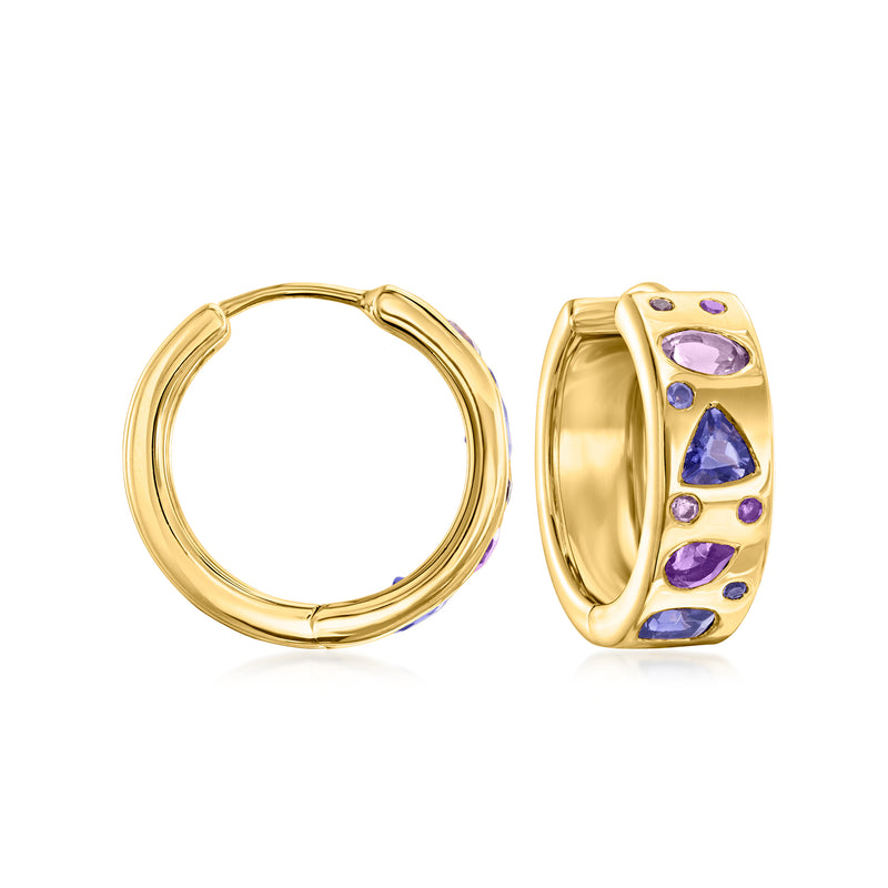 Gold-tone hoop earrings with purple oval gemstone accents
