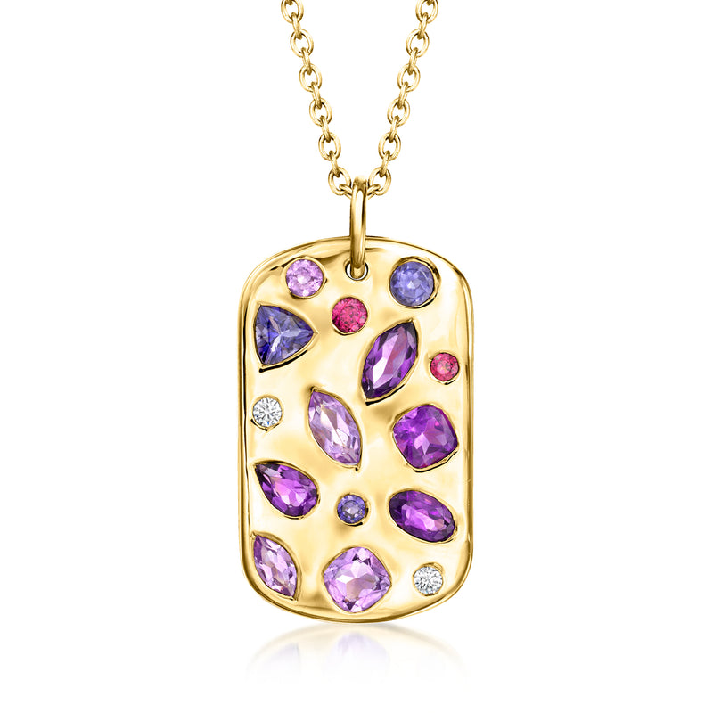 Gold tag pendant necklace with purple gemstones and diamond accents