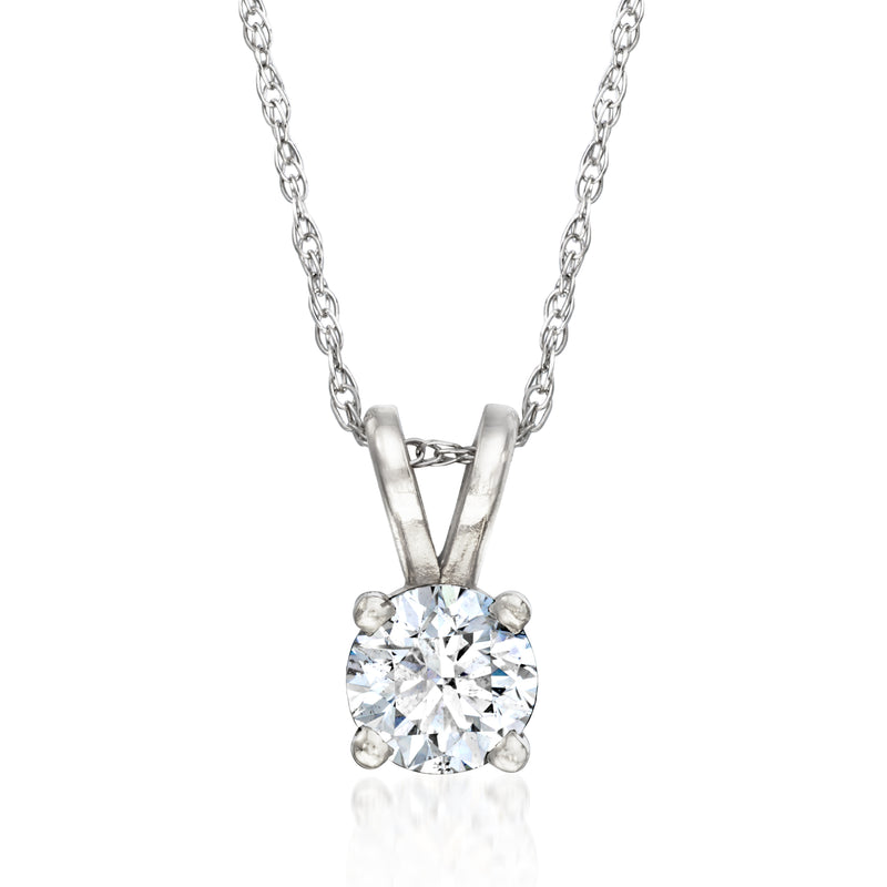 14kt white gold solitaire diamond necklace with round center stone and prongs