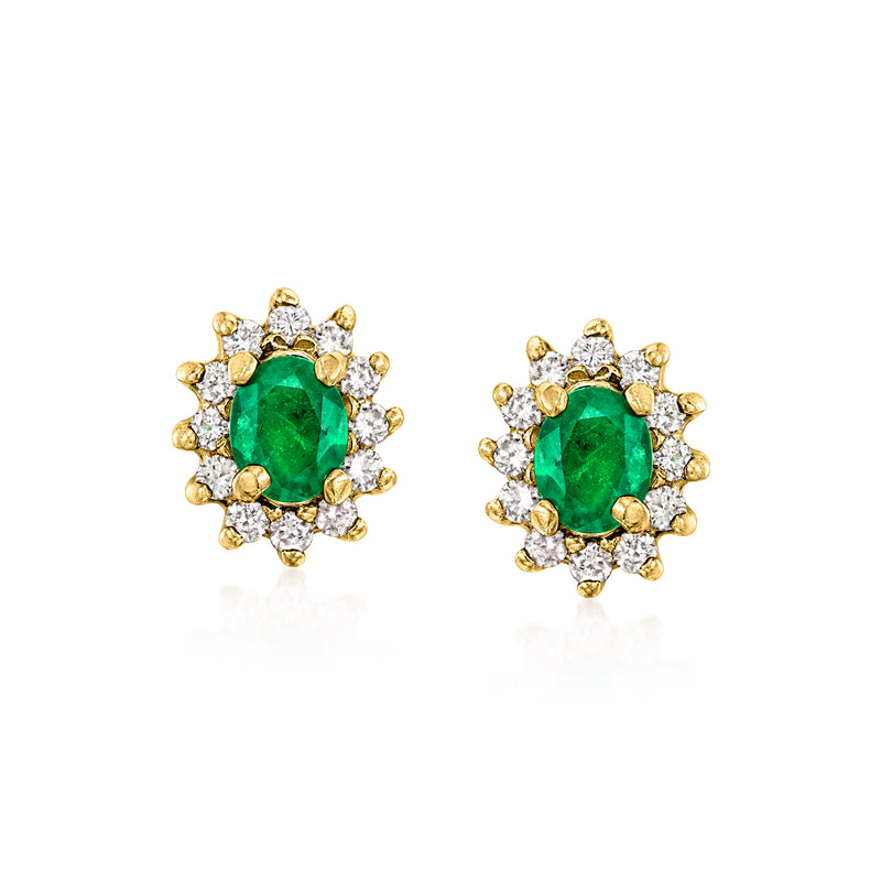 Vintage emerald and diamond stud earrings, oval green center with diamond halo, 14kt yellow gold