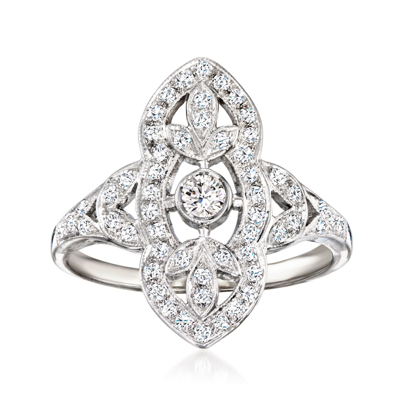 Diamond openwork ring in 18k white gold, marquise-style setting with glittering stones