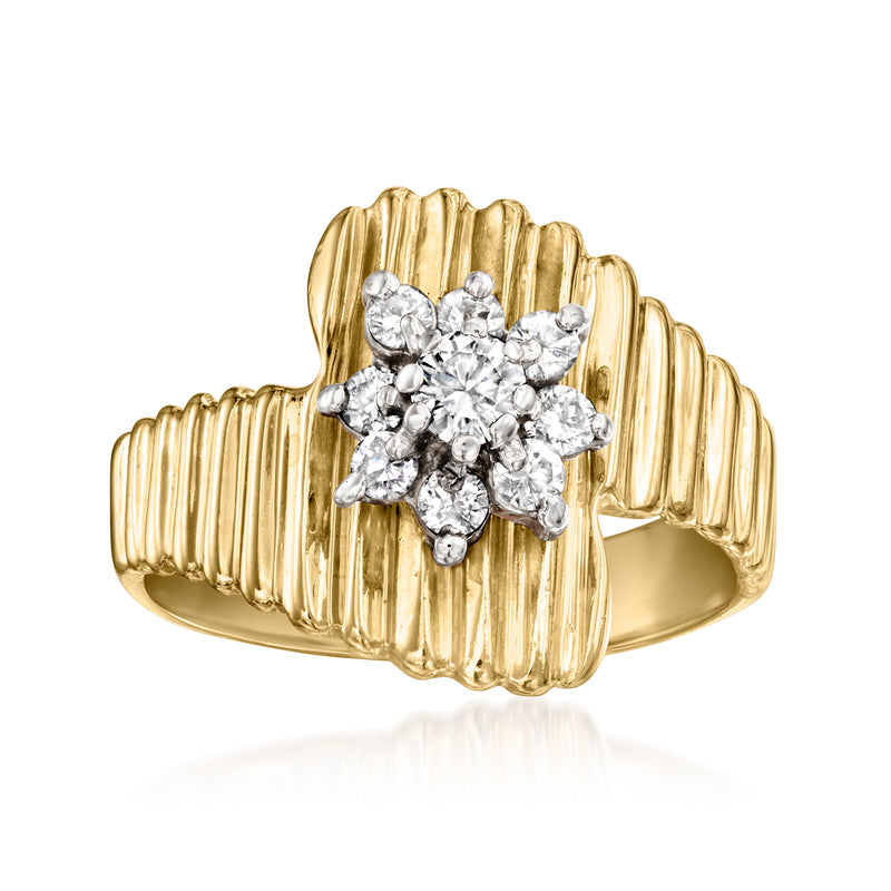 14kt yellow gold bypass ring with diamond flower cluster center, ribbed band