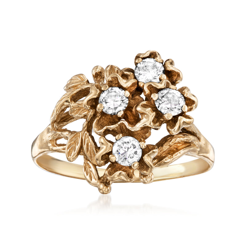 Vintage 14kt yellow gold diamond flower bouquet ring with four round stones