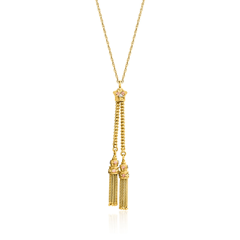 Tri-colored gold tassel pendant necklace with dangling fringe and bead accents
