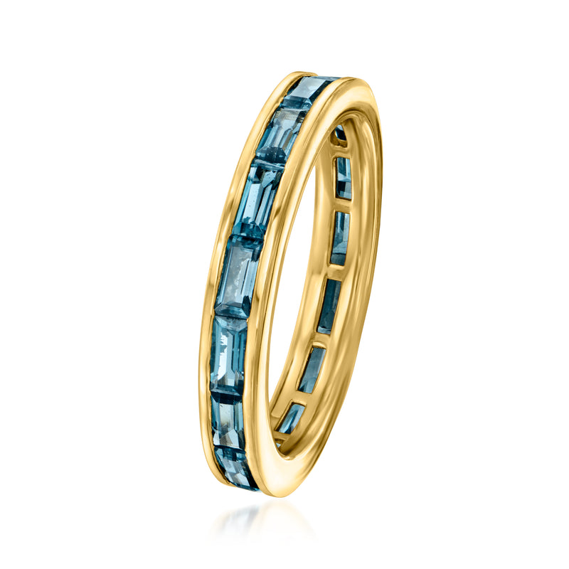 Gold eternity band ring with channel-set London blue topaz stones, side view