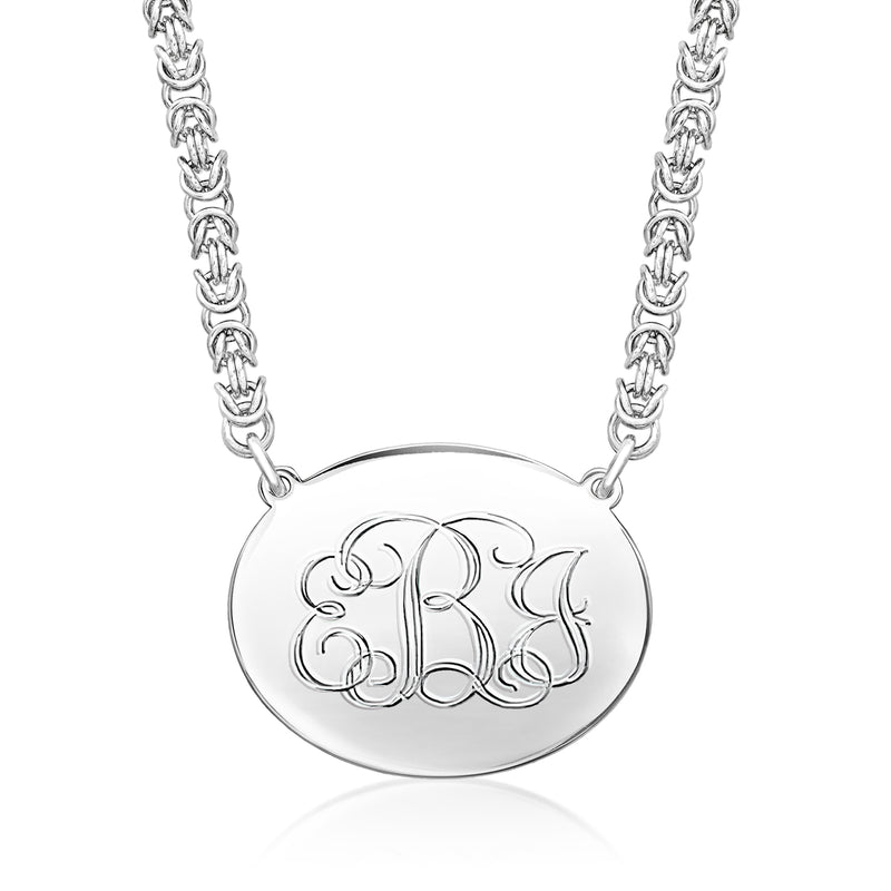 Silver oval monogram pendant necklace with linked chain