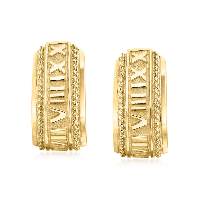Vintage yellow gold roman numeral curved earrings, ornate rectangular design