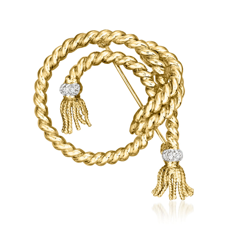 Vintage 18kt yellow gold rope pin with diamond top and dangling tassels