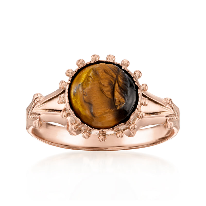 Vintage rose gold tiger eye cameo ring with round dark-gold stone and bead halo