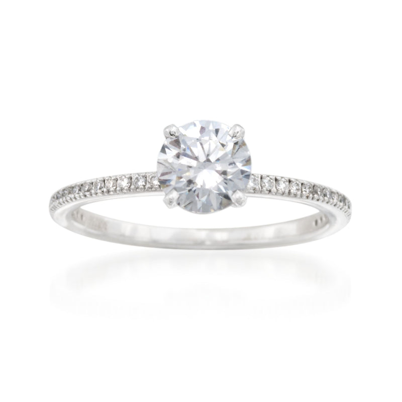 18kt white gold diamond ring setting with round center stone and pave band