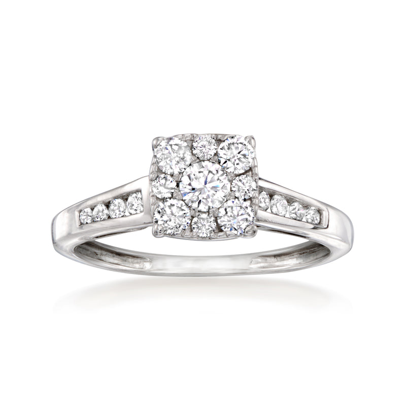 Vintage diamond cluster ring in 10kt white gold with square halo setting