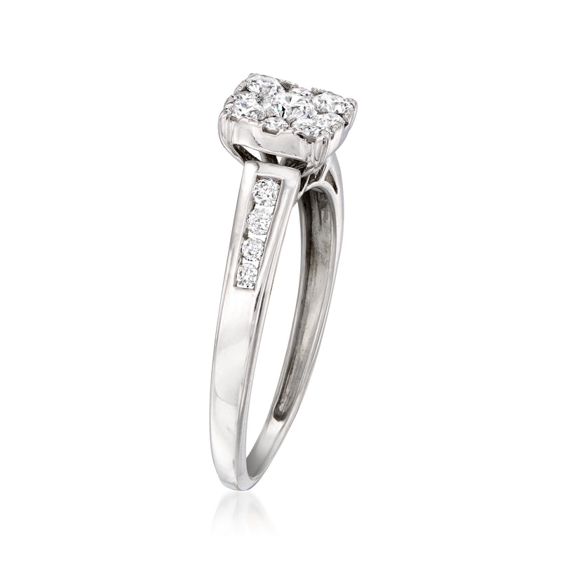 Diamond cluster ring in 10kt white gold with square center and side prong detail
