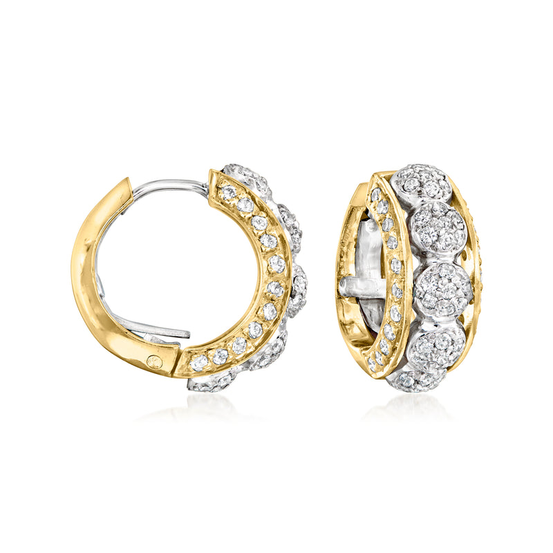 Two-tone gold hoop earrings with diamond cluster detail around the hoop