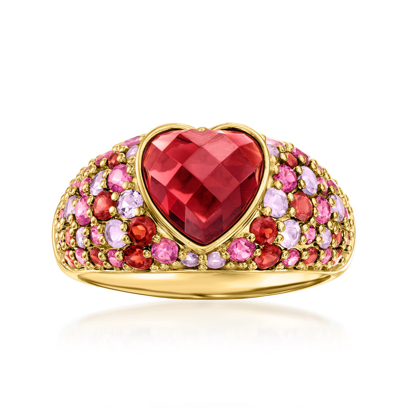 Heart-shaped red garnet ring with multi-color gemstone halo on gold band