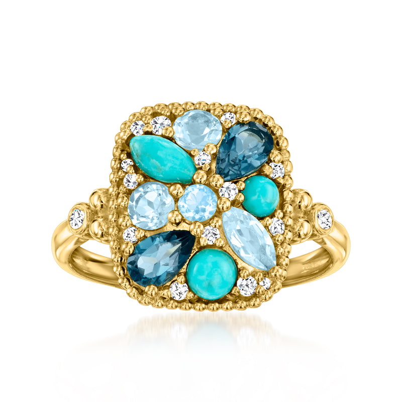 Gold halo ring with oval turquoise and light-blue stones plus small clear accents