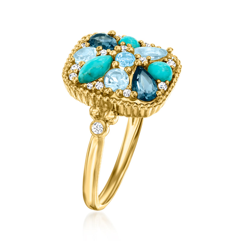 Gold multi-gem halo ring with turquoise and light-blue oval stones and tiny clear accents
