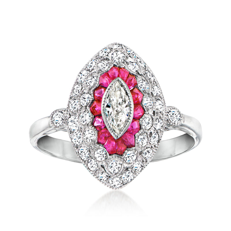 Marquise ruby and diamond halo ring, 18kt white gold with oval red center