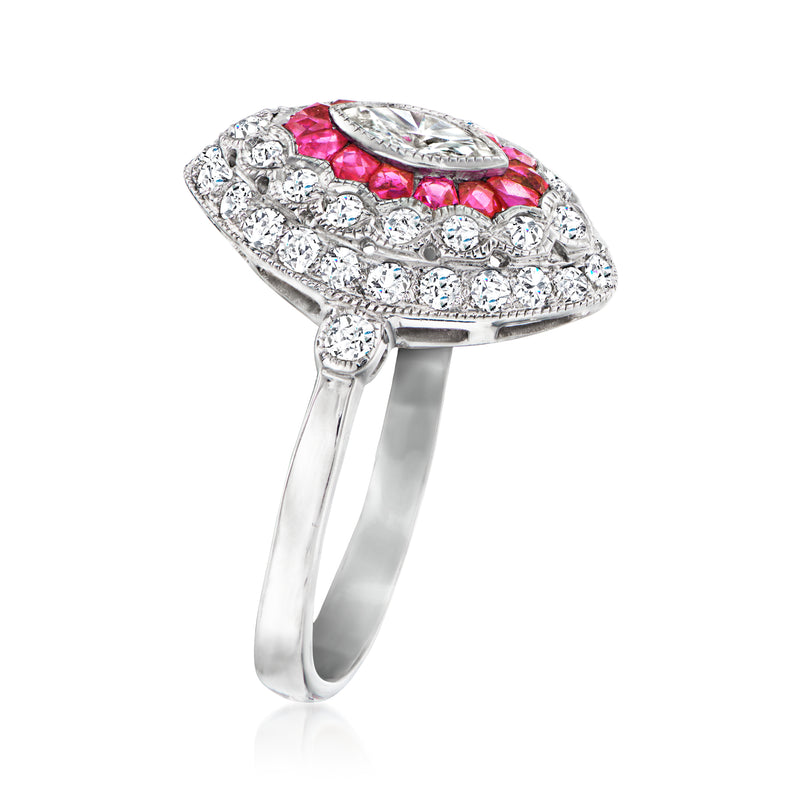Vintage marquise-shaped diamond and ruby ring in 18kt white gold with halo setting