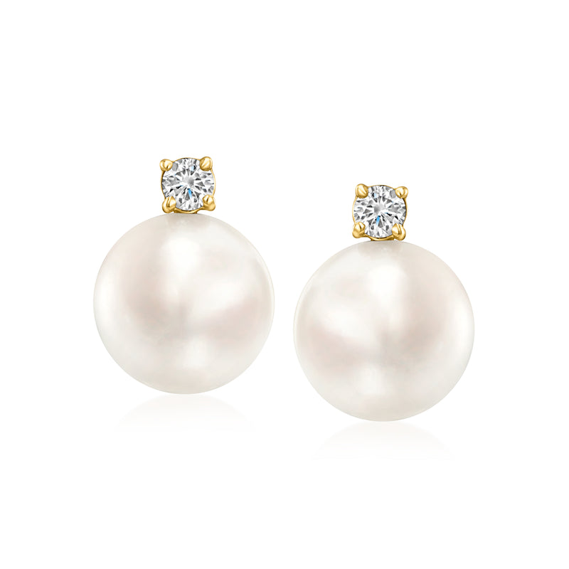 Cultured pearl and diamond stud drop earrings, 14kt yellow gold post backs