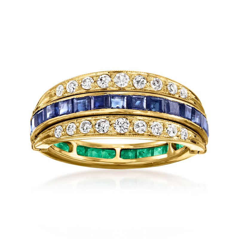 Vintage flip ring in 18kt yellow gold with blue sapphires, green emeralds, and diamonds