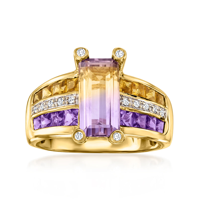 14kt yellow gold ring with ametrine center, purple and yellow stones, diamond accents