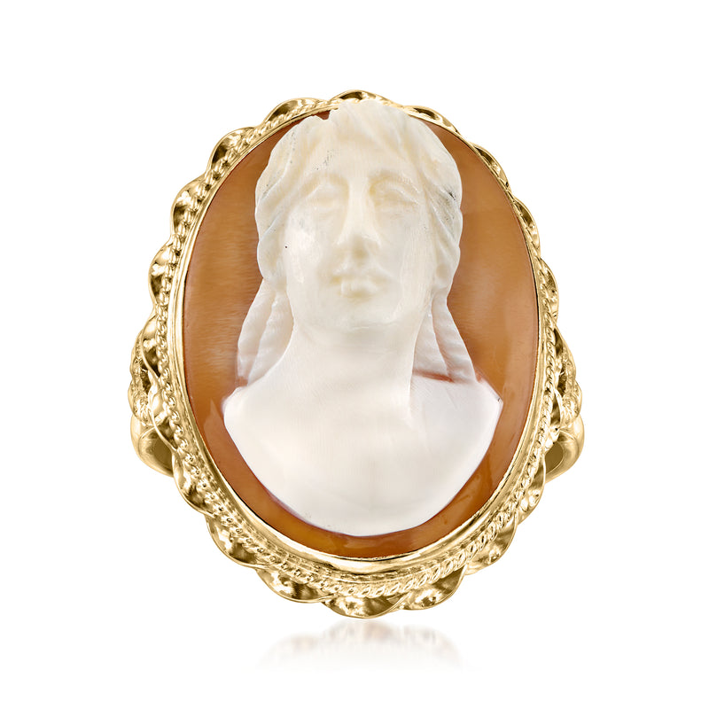 Vintage brown shell cameo ring with white profile and ornate 14kt yellow gold bezel