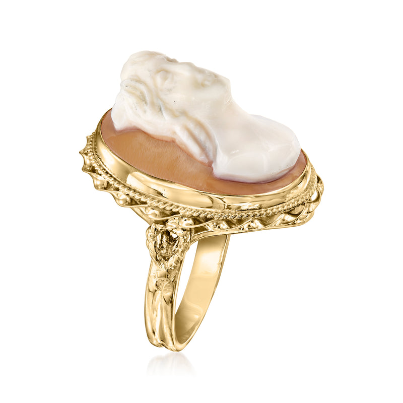 Vintage cameo ring, white profile in brown shell, ornate 14kt yellow gold band