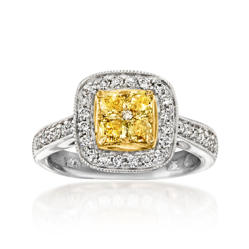 Vintage yellow and white diamond ring in 14kt white gold, square yellow center