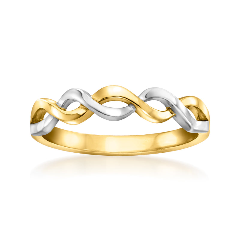 Twisted gold-over-silver ring with alternating gold and polished silver links