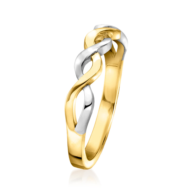 Twisted ring with gold center band and interlocked polished silver links