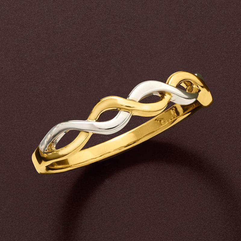 Twisted gold-and-silver ring with openwork interlocking infinity-style links