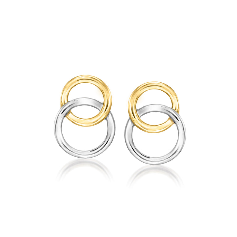 Gold-and-silver interlocking circle stud earrings with post backs.