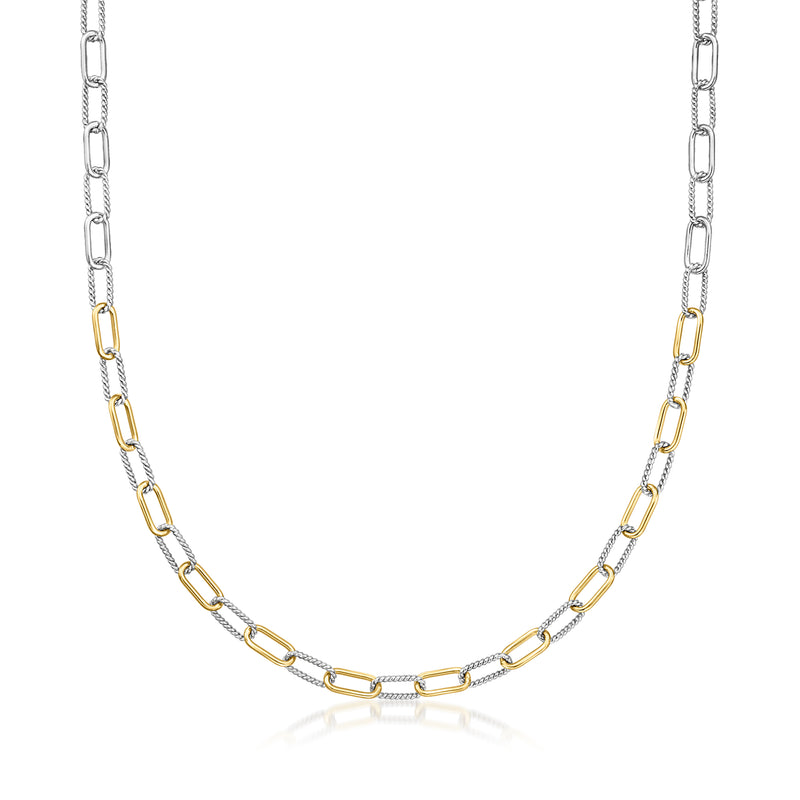 Twisted paper clip link necklace with silver chain and gold oval links