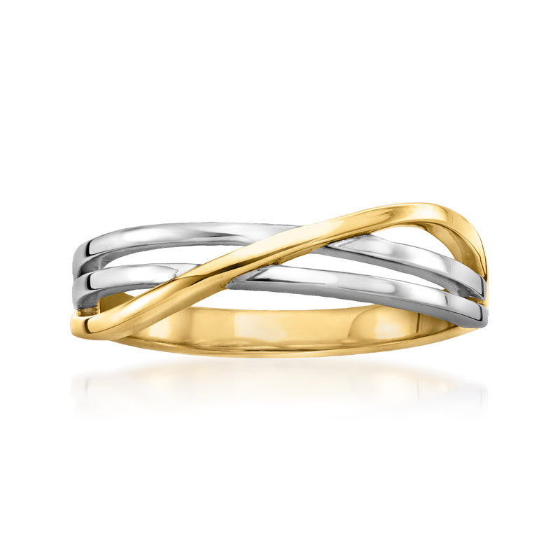 Crisscross gold-over-silver ring with shiny gold and silver twisted bands