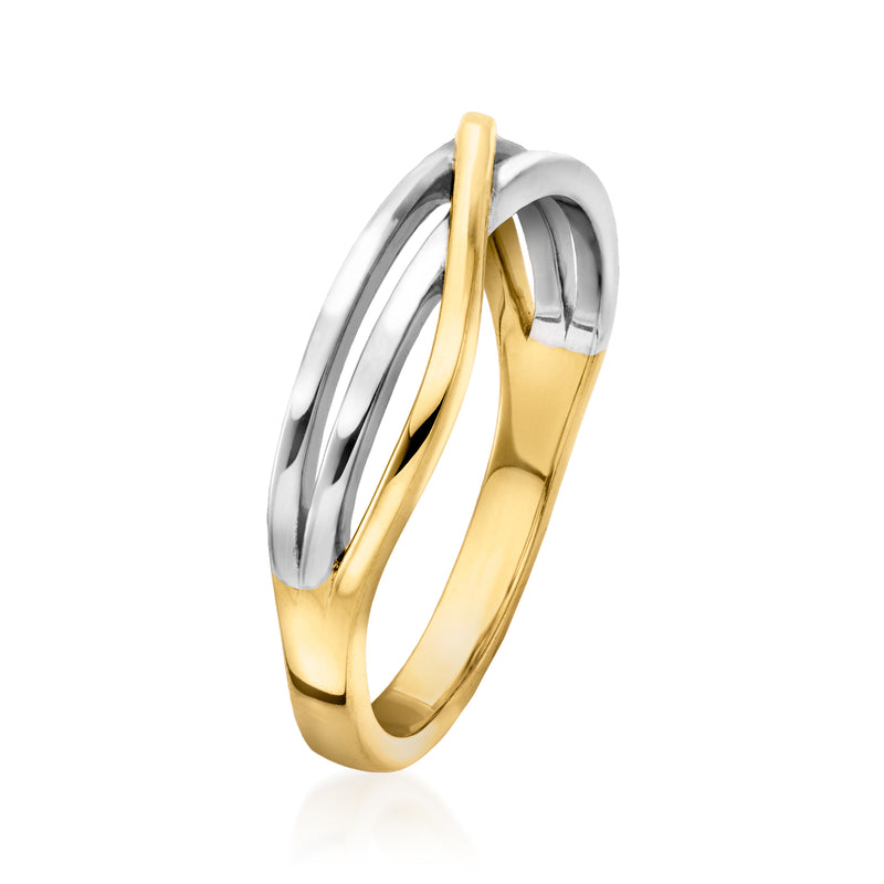 Crisscross ring with polished gold and sterling silver overlapping twisted bands