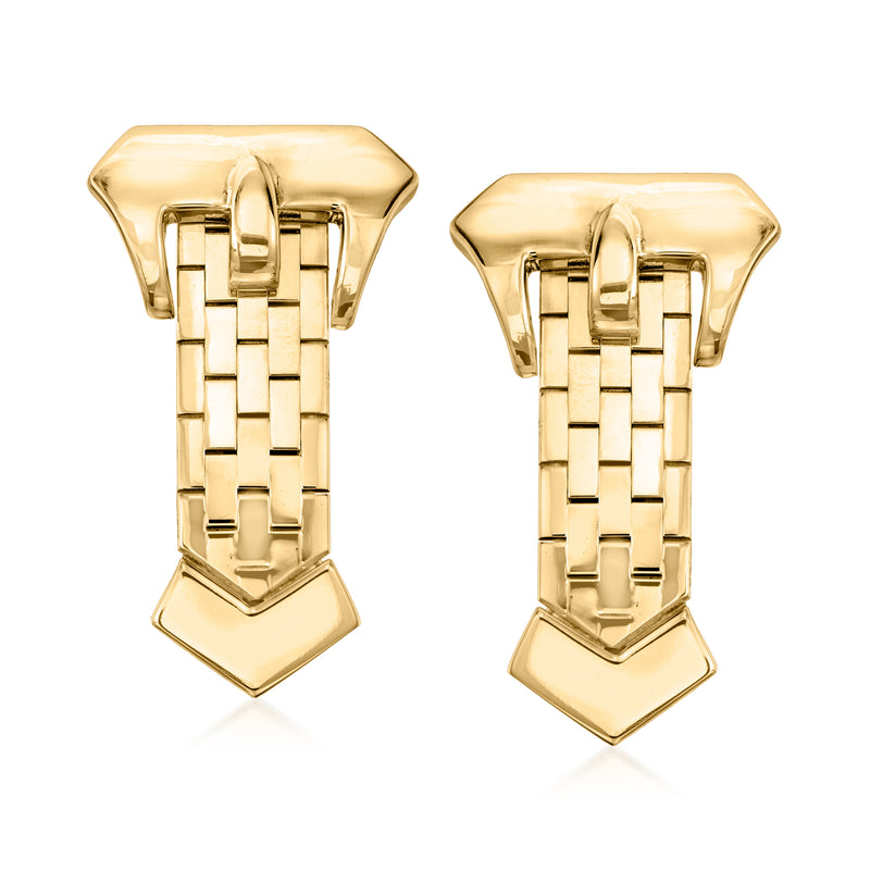 14kt yellow gold buckle drop earrings with woven lattice front