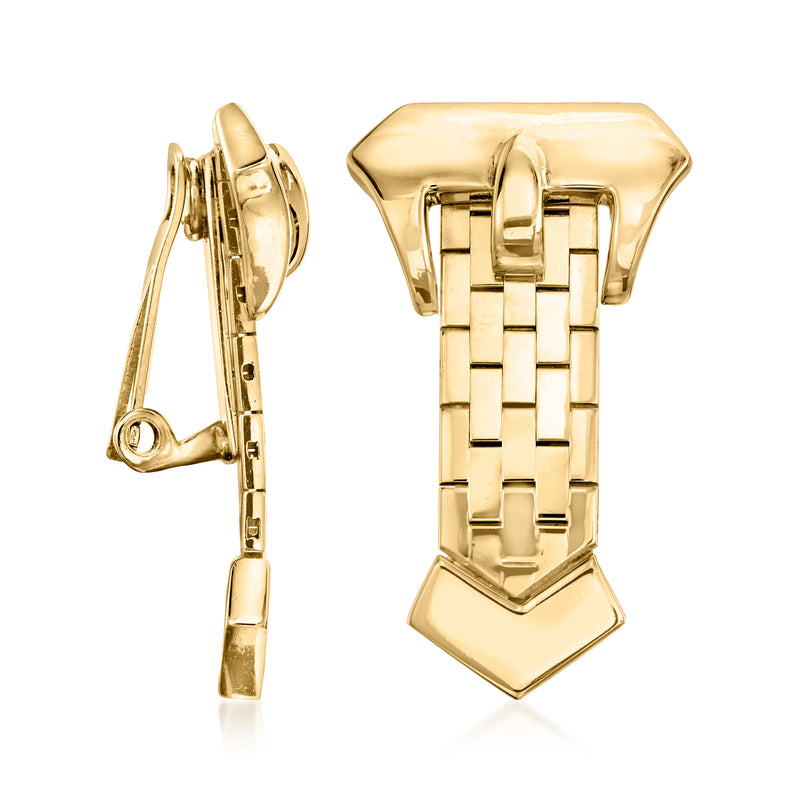 14kt yellow gold buckle drop earrings, side view with geometric lattice dangle