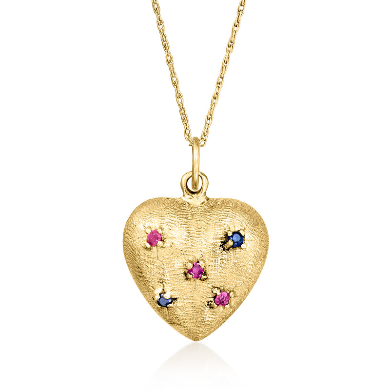 14kt yellow gold heart pendant necklace with ruby red and sapphire blue gemstones