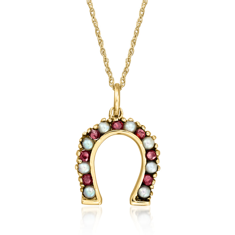 14kt yellow gold horseshoe pendant necklace with cultured pearls and pink garnet accents