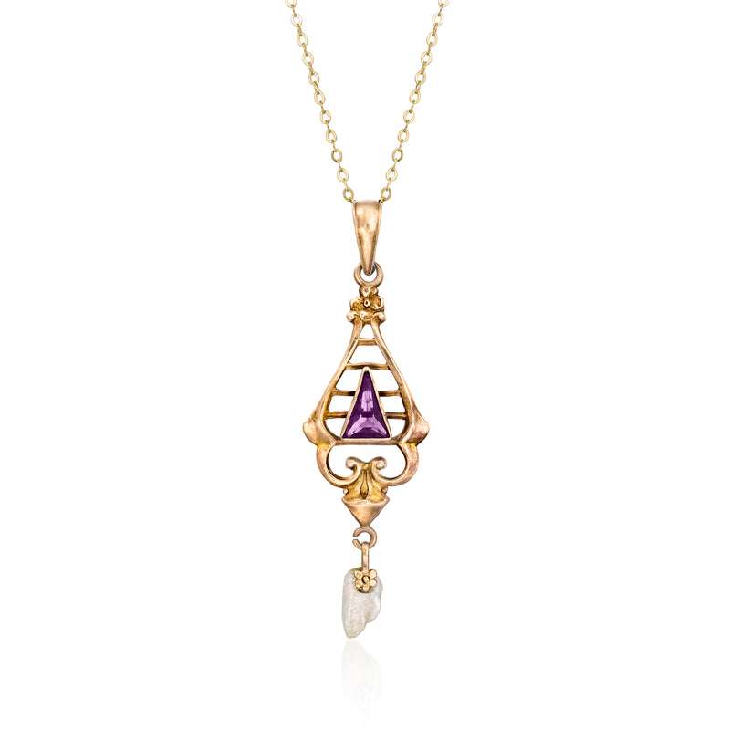 Gold pendant necklace with baroque pearl drop and amethyst teardrop center stone