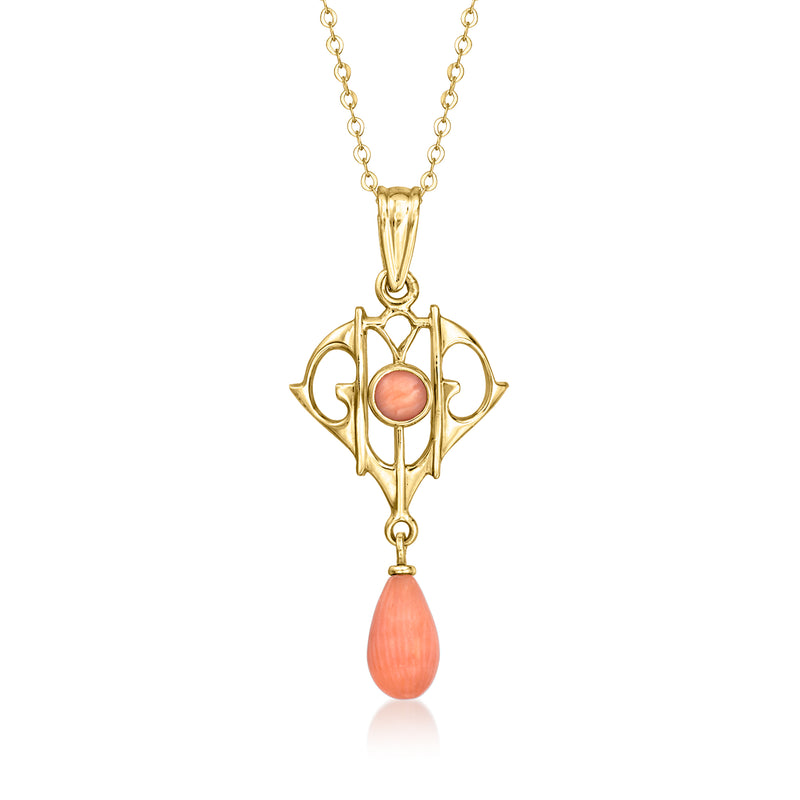 Vintage coral drop pendant necklace, 10kt yellow gold with coral teardrop cabochon